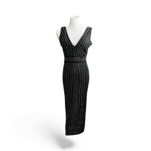 Black Rhinestone Embellished V-Neck Bodycon Sheath Dress Vintage style 50's Med